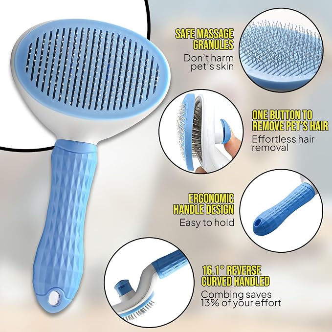 Self-Cleaning Pet Grooming Brush – Smooth Grooming Brush for Dogs and Cats, Easy Hair Removal with the Push of a Button, Gentle Shedding Remover for Small Pets (Basic Oval)