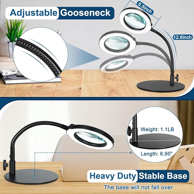 IVMAIE 12X Magnifying Glass with Light, Real Glass Lens, 5 Color Modes Dimmable, Flexible Gooseneck Lighted Magnifier with Stand, LED Desk Lamp Hands Free for Crafts Painting Sewing Reading Close Work