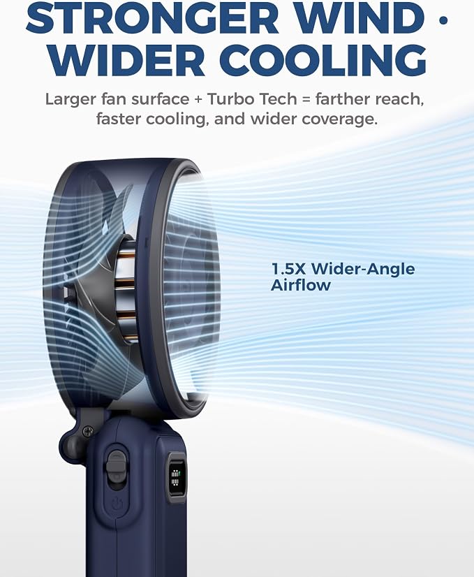 Diveblues Fanzy D6036 Portable Handheld Fan, Harbor Blue | 7.4m/s High Speed Turbo, 180° Foldable 4-in-1, Integrated Carabiner Clip, 100 Speed Stepless Control