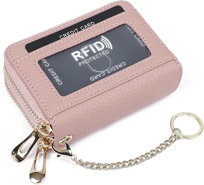 imeetu RFID Credit Card Holder, Small Card Wallet Women, Leather Card Case | Genuine Leather Women's Card & id Cases, Change Coin Purse with Zipper Keychain id Window, 20 Colors & 3 Styles, Daily, Gifts