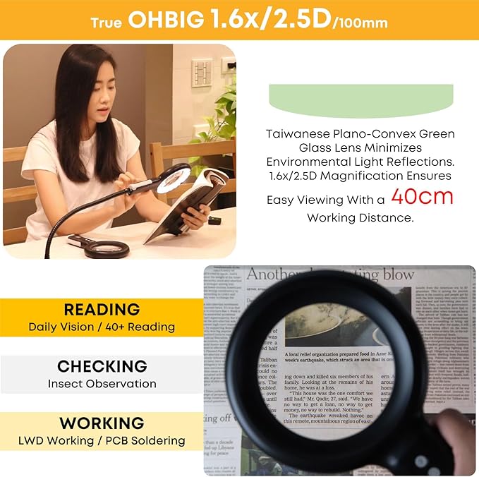 HWATANG OHBIG x MADWORKS 1.6x/2.5D/100mm Dimming Toning LED Magnifying Glass - Green Glass Lens, Daily Vision, Insect Observation, Soldering, Ra 94 Ring Light, 40+ Reading Magnifier (w/Desk Clamp Kit)