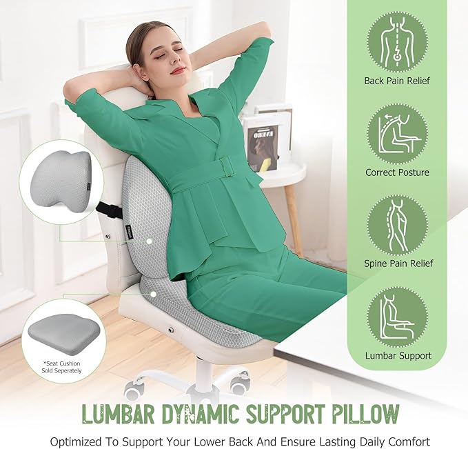 Lumbar Support Pillow Office Chair Car Back Pillow Ergonomic Lower Back Pain Relief Breathable Air Fiber Cushion with Hours Sitting on Worker Driver & Handicapped, Adjustable Strap (Light Gray)
