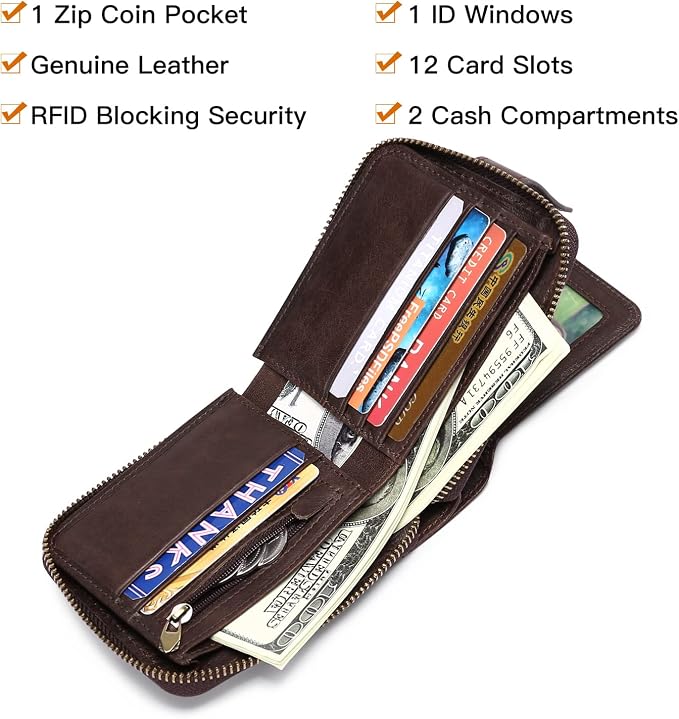 GOIACII Zipper Wallet for Men Genuine Leather RFID Blocking Mens Wallet with Zipper Coin Pocket ID Window Zipper Wallets Large Capacity