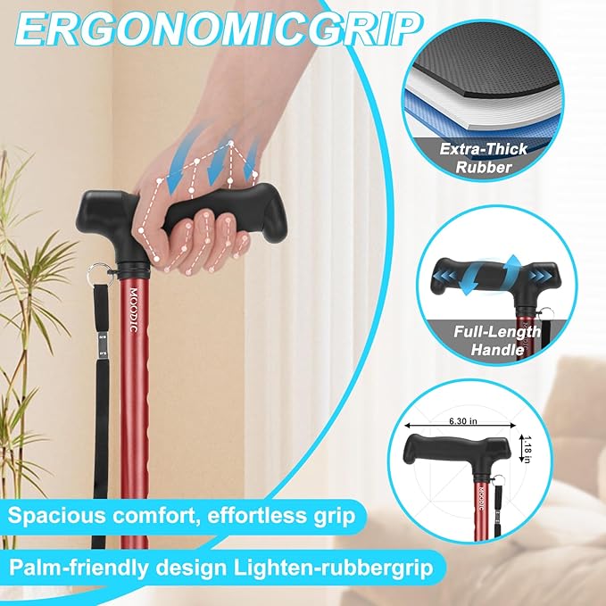 Walking Cane for Women, Extended Grip; Solid Base; Foldable; Adjustable Heights; Lightweight; Free Standing; Portable Canes for Men for Stability (Red)