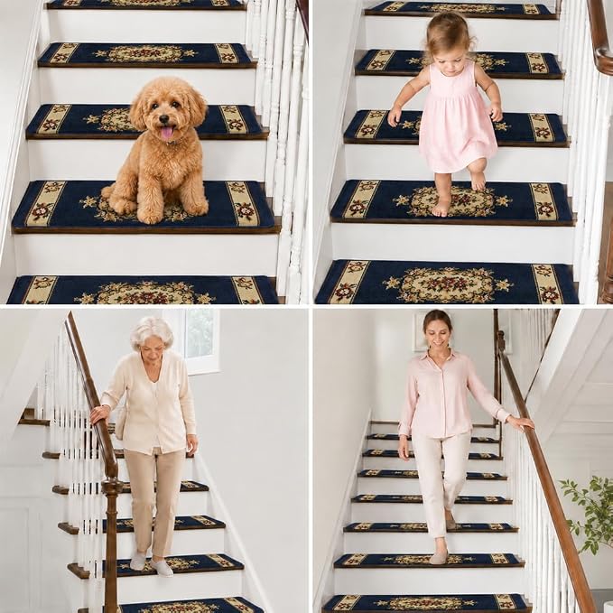Rounded Bullnose Carpet Stair Treads for Wooden Steps Indoor, No Tape Non Slip Step Mats with TPU Backing & Steel Reinforced Edge for Dogs Elders,Navy Floral,28
