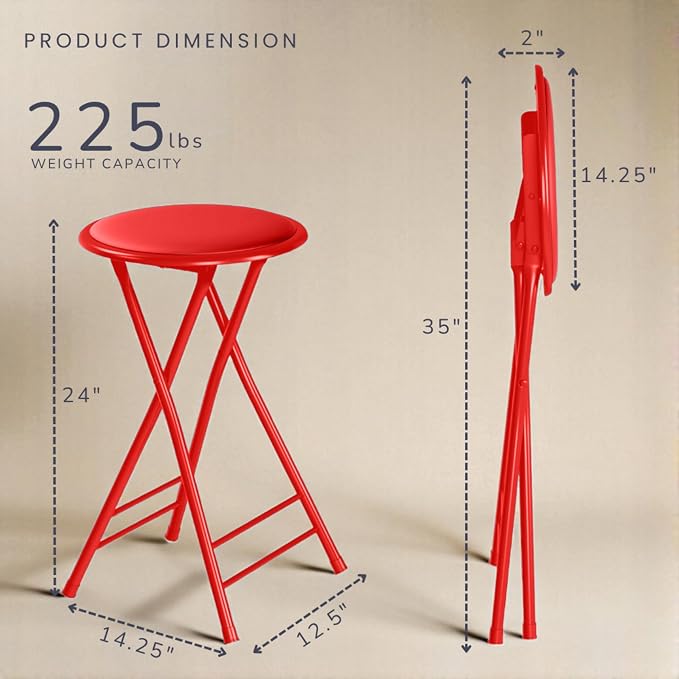 Lavish Home Folding Stool with Padded Backless Seat Set of 4, Red, 24” | Counter Height Bar Stools with 225lb Capacity, Portable Indoor & Outdoor, Extra Seat for Kitchen, Rec Room or Camping