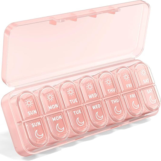 Weekly Pill Organizer 7 Day AM PM - Travel Pill Box 2 Times a Day with One-Hand Easy-Open Lid, 14 Compartments Portable Medicine Case for Daily Vitamins, Fish Oil, Pills and Supplements