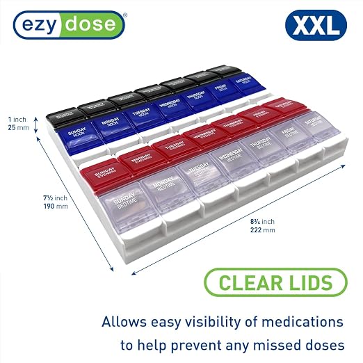 Ezy Dose Push Button Weekly 7-Day, 4X/Day Pill Organizer, Blue & Red, 2XL | Weekly Pill Case, Medicine Planner, Daily Vitamin Organizer, 4 Times a Day, Arthritis Friendly Push Button Lids, BPA Free