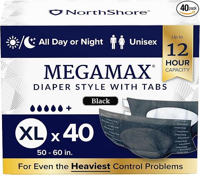NorthShore MegaMax 12-Hour HBL Adult Diapers for Heavy Bladder Leaks, X-Large, 40 Count, Black, 50-60 inches, Tab-Style Incontinence Underwear for Men, Women & Teens