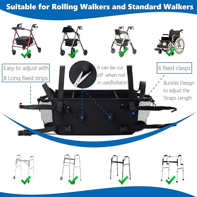 Upgrade SKLK-SEL Walker Basket Walker Bag with Cup Holder, Foldable Walker Storage Bag Rollator Accessories Bag with Big Capacity for Seniors Walker and Rollator Walker. Suitable for Most Walkers