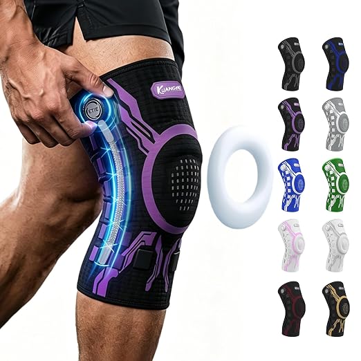 Kuangmi Knob Knee Brace for Pain Relief, Knee Support with Patella Gel Pad & Side Stabilizers, Compression Knee Sleeve for Workout, Arthritis, Joint Pain, Meniscus Tear (Purple Black,Right,XX-Large,Single)