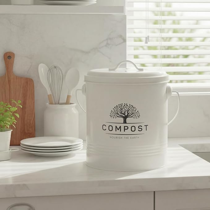 Perfnique 1.3 Gal Kitchen Compost Bin with Lid, Countertop Compost Caddy | Indoor compost bucket with inner bucket liner and carbon filter, compact food waste bin, farmhouse kitchen decor