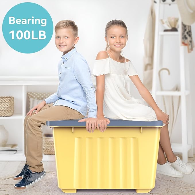 Nazhura Plastic Storage Bin, Stackable and Nestable Storage Boxes with White Lids and Secure Latching Buckles, Large Storage Container (Yellow/Purple, 72Quart-6Pack)