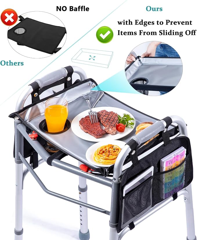 BAGSFY Walker Tray w/Side Pocket for Folding Walkers – Walker Accessory for Seniors with Cup Holder, Non-Slip Mat, and Easy Installation – Universal Fit Walker Table for Meals, Drinks, Reading