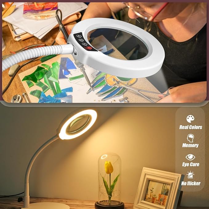 10X Magnifying Glass with Light and Stand, 5 Color Modes Stepless Dimmable LED Lighted Desk Lamp, Hands Free Flexible Gooseneck Magnifier with Light for Craft Hobby Painting Close Work - White