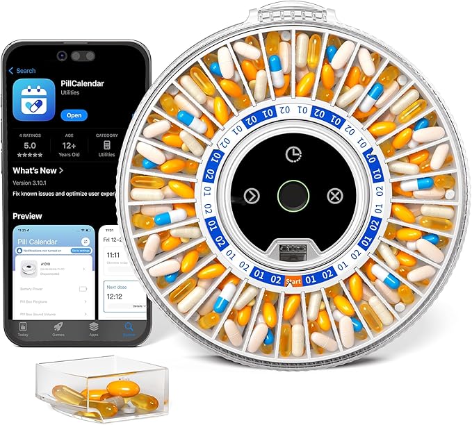 Betife Automatic Pill Dispenser for Elderly with Alarm – 31-Slots | Senior-Friendly,App Support,Fingerprint Unlock, Child-Proof,Bluetooth-Enabled