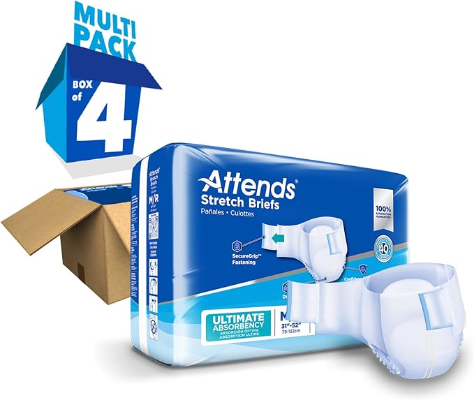Attends Stretch Adult Incontinence Disposable Briefs, Medium/Regular 31"-52" Waist with SecureGrip Tab Closure, Ultimate Absorbency with Dry-Lock Containment Core and Breathable Side Panels, 96ct Case