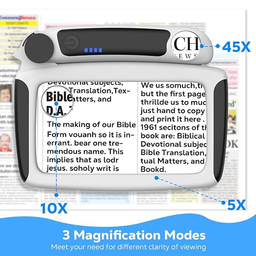 MoKo Magnifying Glass with Light, 5X/20X/45X Full-Page Magnifier | Rechargeable magnifying glass for reading has 20 LEDs, 3 light levels and a foldable handle; black finish.