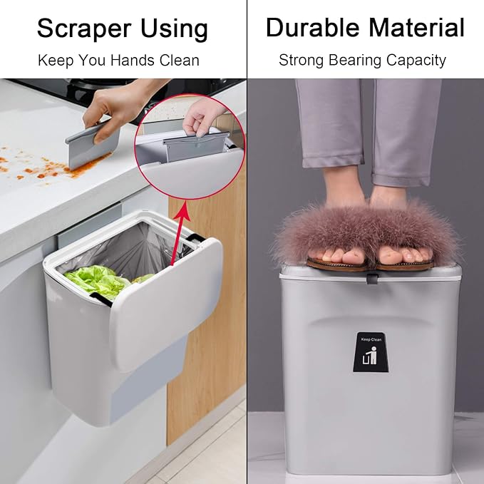 Tiyafuro 2.4 Gallon Kitchen Compost Bin for Counter Top or Under Sink, Hanging Small Trash Can with Lid for Cupboard/Bathroom/Bedroom/Office/Camping, Mountable Indoor Compost Bucket, Gray