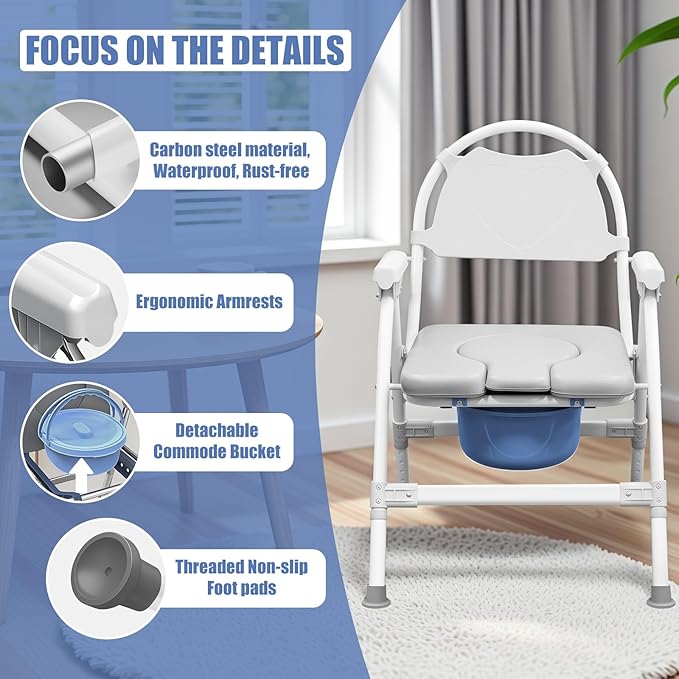 4 in 1 Folding Bedside Commode Chair for - Adjustable Height Adults Potty Chair with Arms, Back & 30 PCS Cleaning Bag for Seniors, Pregnant Women & Post-Surgery - Supports 360 lbs (PU Soft Seat)
