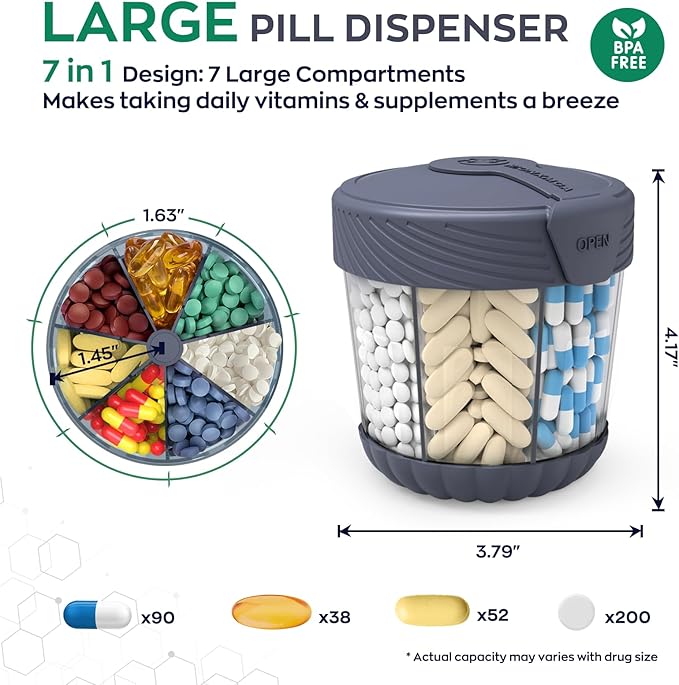 Large Pill Dispenser, Portable Pill Bottle Organizer for 7 Vitamins, Anti-Mix Supplement Organizer with Easy Twist Wide Opening, BPA-Free Pill Container, 20 Pcs Labels Included, Gray