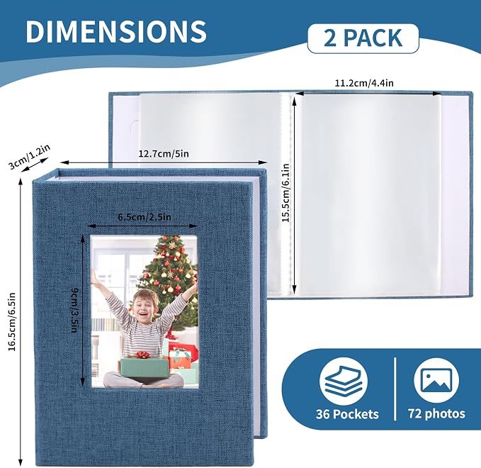 vivinin 2 Pack Photo Album 4x6, Linen Cover Photo Book, Small Photo Album Book for 36 Pockets Hold 72 Pictures, Picture Book for Photos Family Anniversaries Baby Vacations（blue）