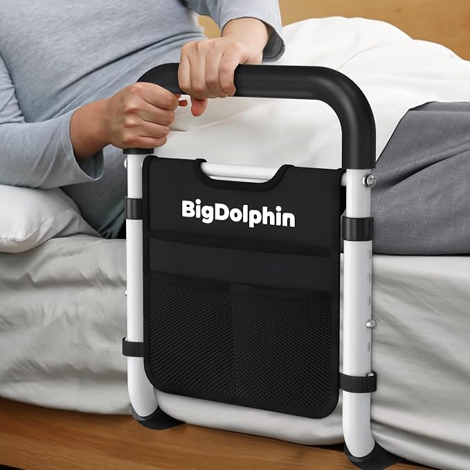 Bed Rails for Elderly Adults Safety - ASTM Approved Adjustable Bed Cane with Non-Slip Ergonomic Handle & Storage Pocket, Bed Railings for Seniors Support 350 LBS, Tool-Free