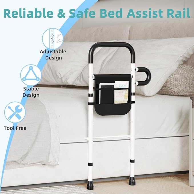 Bed Rails for Elderly Adults Safety - Adjustable Bed Assist Rails for Full Size, Portable Bed Cane for Seniors With Storage Pocket, Hold Up to 330 Lbs, Easy Setup, Bedside Safety and Stability