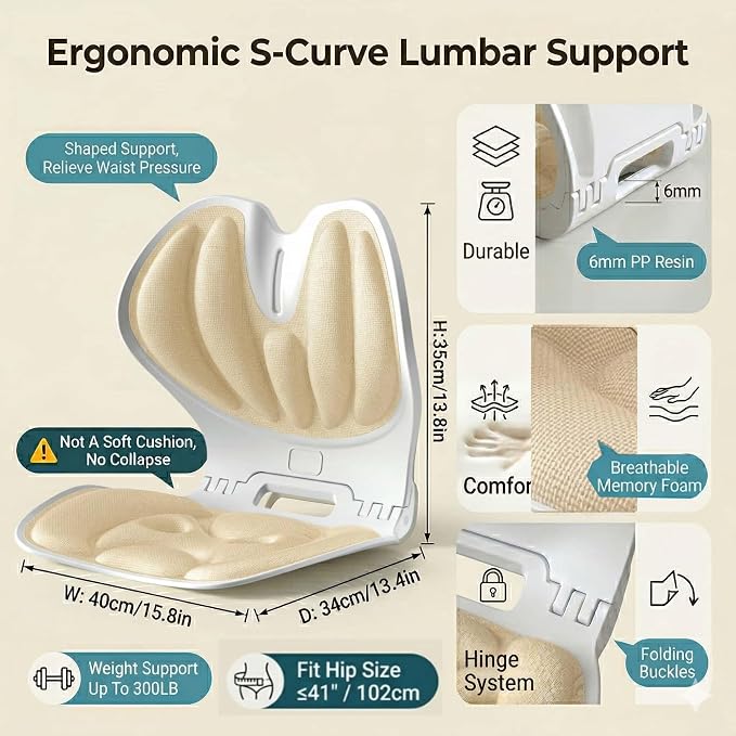 Foldable Ergonomic Lumbar Support Cushion for Office Chair, Portable Posture Corrector Seat (Beige, M)