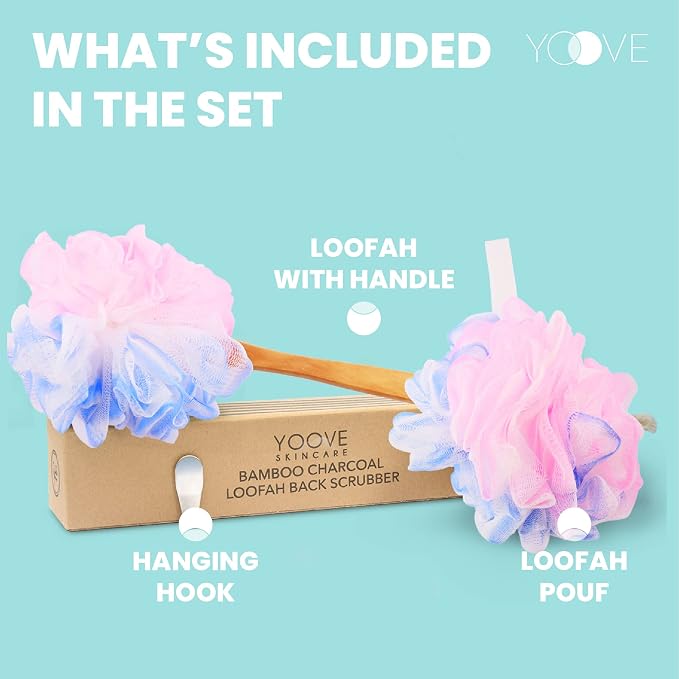 Yoove Pink Loofah Back Scrubber with Bamboo Charcoal Handle | Charcoal infused bath sponge with wooden handle, luffa pouf & hanging hook for men & women - exfoliating body scrubber stick