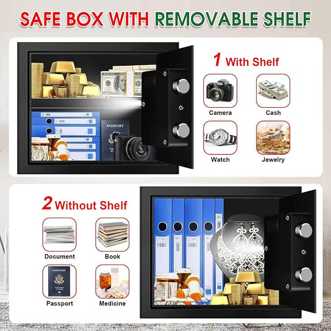 1.3 Cubic Feet Small Fire Safe Box for Home, Fireproof Safety Lock Box with Digital Keypad, Spare Keys and Removable Shelf, Personal Security Home Safes for Money, Jewelry, ID Documents