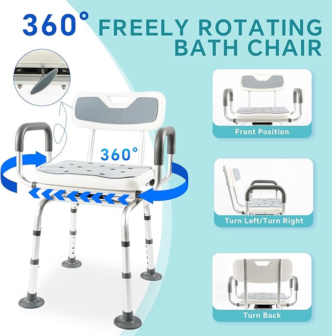 360° Swivel Shower Chair with Padded Arms and Back, Non-Slip Heavy Duty Bench Seat for Seniors, Disabled or Bariatric, Height Adjustable for Inside Shower Stall, Bath Tub, 400 lb Capacity
