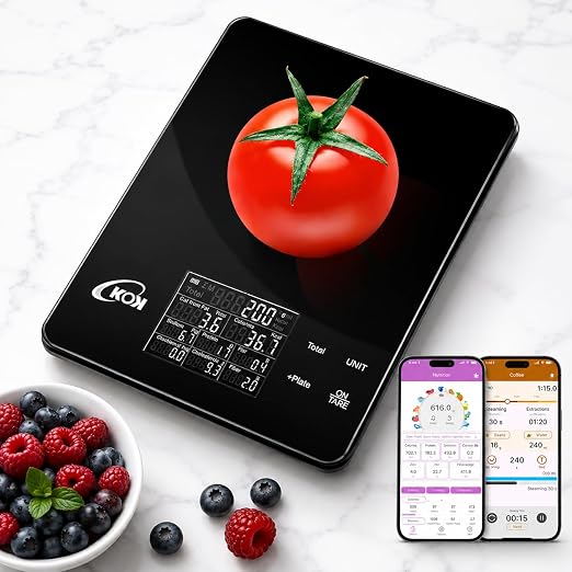 KOK Smart Food Scale with 30 Nutritional Calculator, Coffee Timer Function APP, Track Calorie, Macro, Carb for Weight Loss Keto and Diabetic, Espresso Scale Weight Grams and Ounces 5 Unit 1g/0.05oz