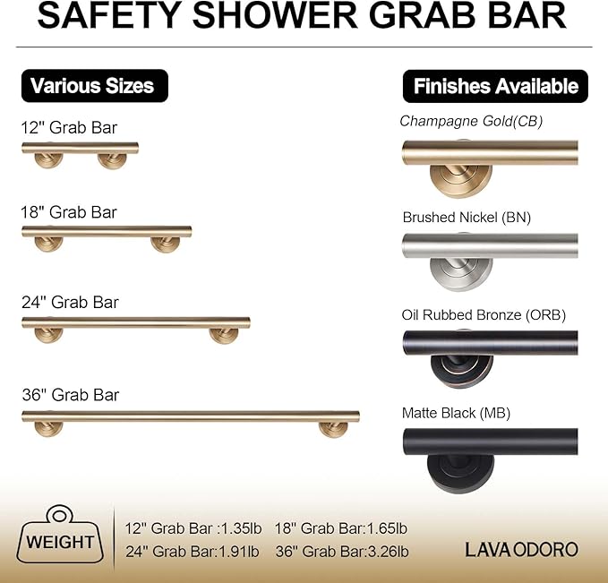 Lava Odoro Shower Grab Bar, Modern Set Stainless Steel Handicap Grab Bar for Bathtubs and Showers, Shower Safety Bar for Seniors Disabled, ADA-Compliant (Champagne Gold, 3 Pack 18", 24'', 36")