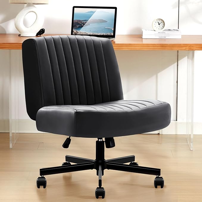 Criss Cross Chair with Wheels,Thick Padded Leather Cross Legged Office Desk C Hair with Pocket Spring Cushion,Dual-Purpose Base,Wide Adjustable Computer Home Office Vanity Chair,Black