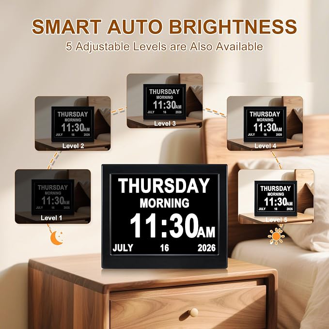 Day Date Time Clock for Seniors Elderly 3 Medication Reminders+ 5 Custom Reminders Digital Calendar Dementia Impaired Vision Memory Loss Clock(Black,8-inch)
