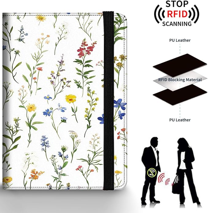 Passport Holder Wallet Cover Case,RFID Blocking Passport Cover,Large Capacity Travel Wallet with Multi Card Slots (Flower Weeds Leaves)