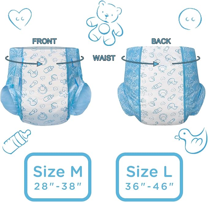 Littleforbig Adult Printed Diaper 10 Pieces - Nursery Blue (Medium 28"-38")