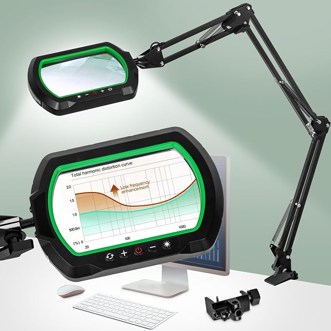 12X Rectangle 3-Section Magnifying Glass with Light and Clamp-Green | 5 Color Mode & Stepless Dimming LED Lamp, Ultra Long Hands-Free Lighted Magnifier for Workbench Reading Craft Hobby Sewing