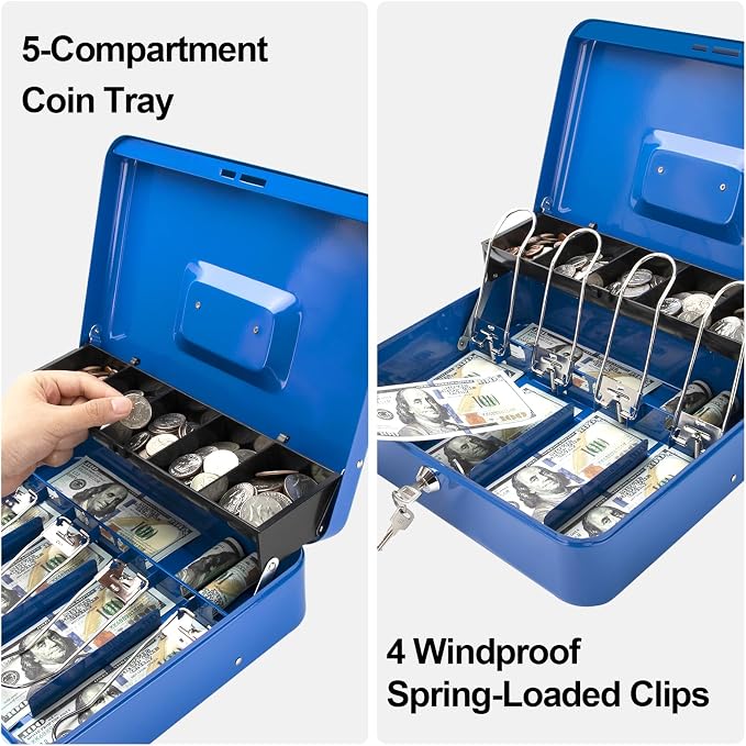 Jssmst Locking Large Metal Cash Box with Money Tray, Lock Money Box with Key, Blue, CB00513XL