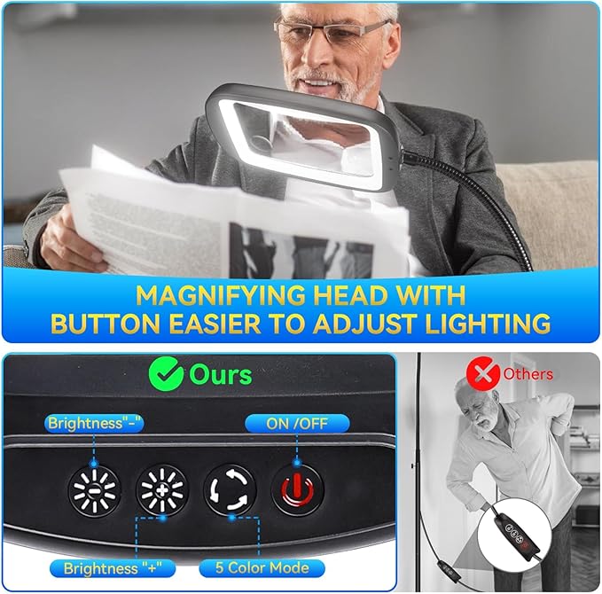 30X 10X Extra Large Floor Magnifying Glass with Light and Stand | 60 LED Flexible Gooseneck Floor Magnifying Lamp with 5 Color Modes, 2-in-1 Lighted Magnifiers for Close Work, Sewing,Crafts