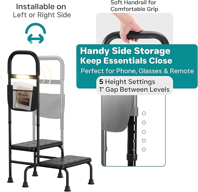 Step Stool with Handle – 2 Step Foot Stool for Adults, Non-Skid Bed Steps for High Beds, Adjustable Handrail with Night Light & Storage Bag, Safe Step Stool for Seniors & Elderly