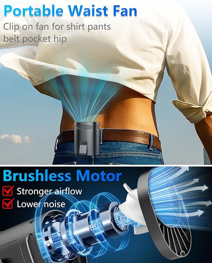 Waist Fan Clip on-Mini Lightweight Portable Fans Rechargeable Under Shirt Belt Pants Body Fans that Blow Cold Air,Waistband Cooling Fan,Powerful Small Personal Hanging Neck Cooler AC Travel Black