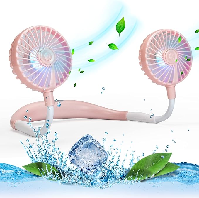 VAGAU Portable Cooling Neck Fan, Rechargeable USB Personal Neck Fan Pink | with Colorful LED lights, 360° Rotation, Wearable Neck Fan Air Conditioner for Office Travel Sport, 3 Adjustable Speeds