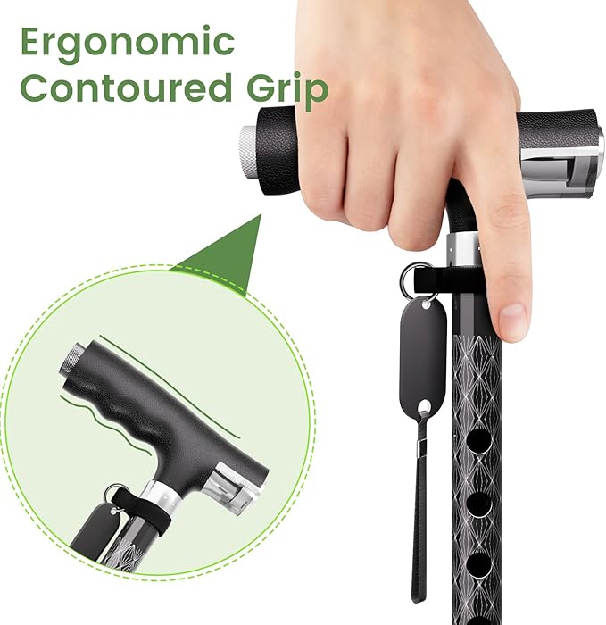 Aluminum Alloy Walking Cane, with LED Light, Height Adjustment and Foldable, Ergonomic Contoured Grip, All-Terrain Walking Stick for Men/Women(PP802-5-Y,)
