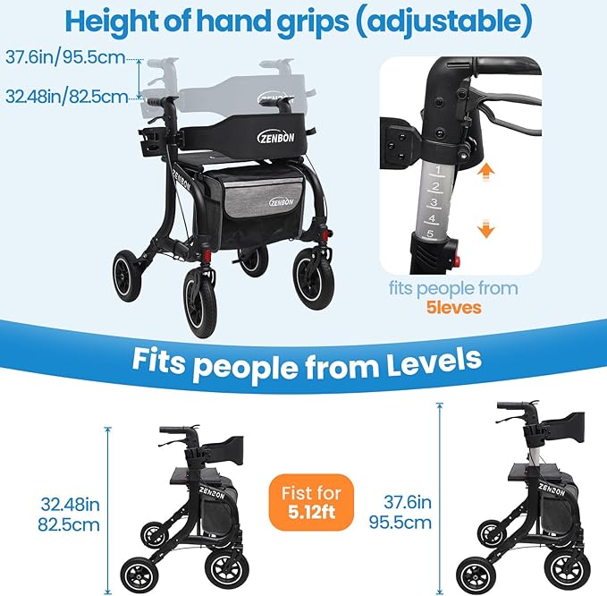 Rollator Walker for Seniors/Adults Foldable Rolling Walker with Seat 330 lbs Capacity 10 inch Wheels Hand Grips Adjustable Height Lightweight Durable Aluminum Walker Removable Back Support (Black)