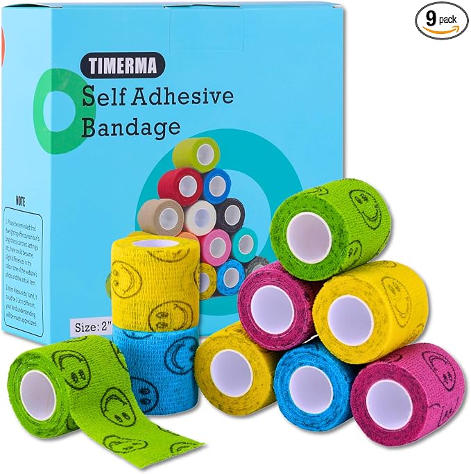 9 Rolls Self Adhesive Bandage Wrap Elastic&Breathable Ideal for Wound Care, Sports & Joint Sprains Adhesive Vet Wrap Versatile Support for Dogs Cats Horses Birds, Pet First Aid (Smiley)