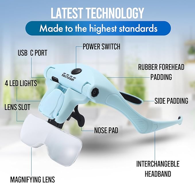 YOCTOSUN Magnifying Glasses with 4 LED Lights, Head Mount Magnifier with Storage Case,5 Lenses, Headband, Hands Free Lighted Head Magnifying Visor for Hobby Crafts & Close Work