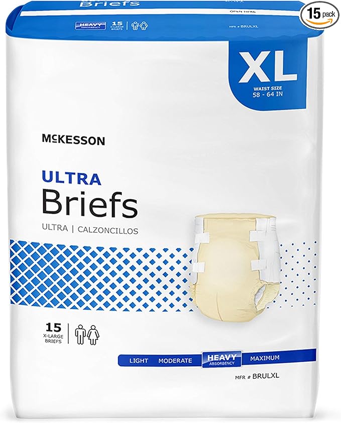 McKesson Ultra Briefs, XL, Heavy Absorbency, Unisex, 64 in, 15 ct | Disposable, Elastic Leg Gathers and Contoured Fit for Men and Women, Incontinence