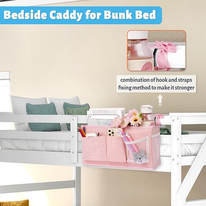 Bedside Caddy, Bedside Storage Bag Hanging Organizer for Bunk Dorm Bed Rail | Bed Caddy with Hooks, Top Bunks and Dorm Essentials for Water, Tissues, Tablets, Books, Phones, Remotes and Other Necessories